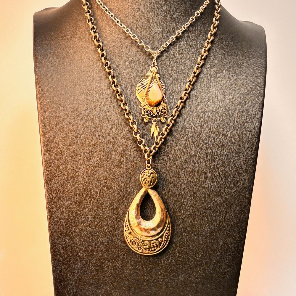 Boho Layered Necklace Set Bronze Statement Teardrop Geometric Stone Ethnic Chic